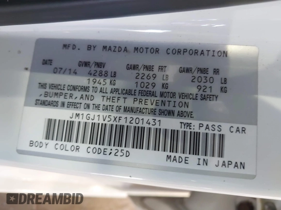 2015 Mazda 6 i Touring with VIN JM1GJ1V5XF1201431, listed as a IAAI auction lot 42072073 with 126,788 mi miles. Bid and sale history available at carsss.com. Image 9.