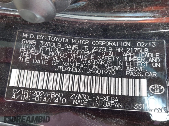 2013 Toyota Prius One z VIN JTDKN3DU1D5601970, wystawiony jako IAAI lot #42407934 z przebiegiem 130 535 mil mil oraz . Historia ofert i sprzedaży dostępna na DreamBid. Obrazek 9.