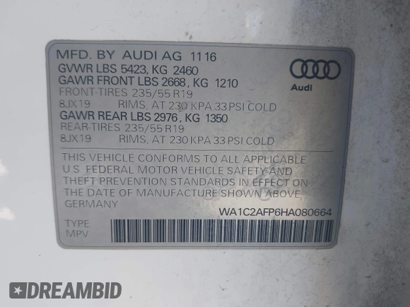2017 Audi Q5 Premium with VIN WA1C2AFP6HA080664, listed as a IAAI auction lot 41892678 with 162,118 mi miles and . Bid and sale history available at DreamBid. Image 9.