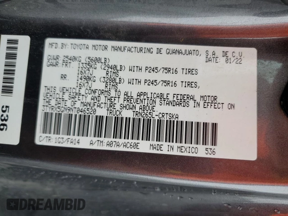 2022 Toyota Tacoma SR with VIN 3TYRX5GN9NT046520, listed as a Copart auction lot 79956644 with 46,290 mi miles and Salvage title. Bid and sale history available at DreamBid. Image 12.