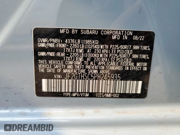 2023 Subaru Crosstrek Special Sports with VIN JF2GTHSC5PH245935, listed as a Copart auction lot 58903585 with 32,786 mi miles and Salvage title. Bid and sale history available at DreamBid. Image 12.