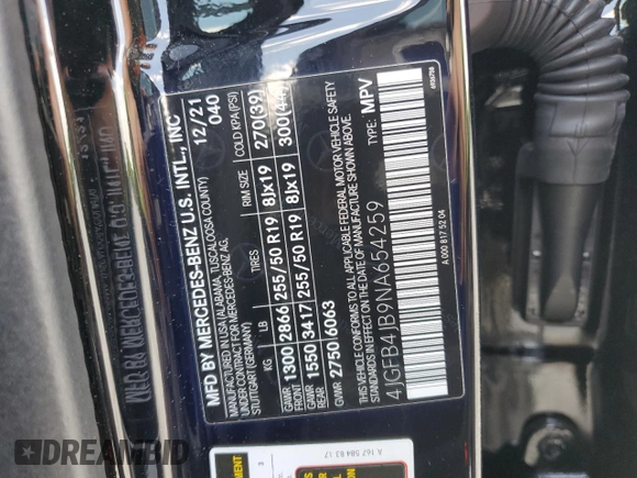 2022 Mercedes-Benz GLE 350 with VIN 4JGFB4JB9NA654259, listed as a Copart auction lot 56481405 with 21,142 mi miles and Salvage title. Bid and sale history available at DreamBid. Image 13.