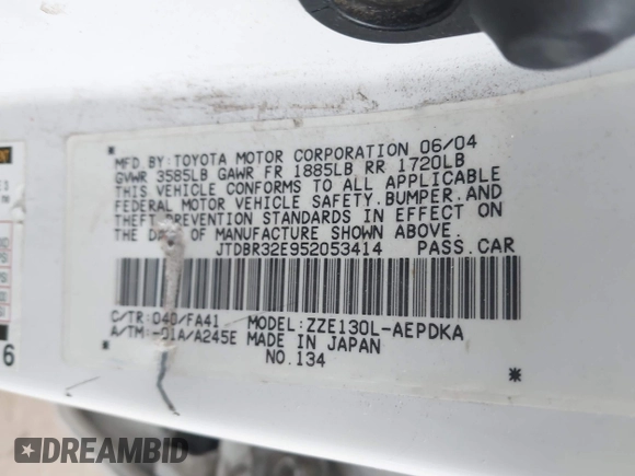 2005 Toyota Corolla CE with VIN JTDBR32E952053414, listed as a IAAI auction lot 42186389 with Not Provided miles and . Bid and sale history available at DreamBid. Image 9.