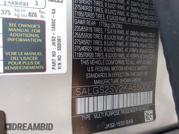 2019 Land Rover Range Rover HSE с VIN SALGS2SV2KA550061, выставлен на аукционе IAAI как лот 42257187 с пробегом 73 536 миль миль и . История ставок и продаж доступна на DreamBid. Изображение 9.