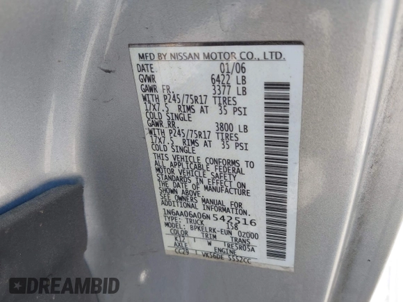 2006 Nissan Titan SE with VIN 1N6AA06A06N542516, listed as a IAAI auction lot 42736458 with 157,824 mi miles and . Bid and sale history available at DreamBid. Image 9.