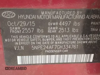 2016 Hyundai Sonata 2.4L SE with VIN 5NPE24AF7GH334761, listed as a IAAI auction lot 41979132 with 139,854 mi miles. Bid and sale history available at carsss.com. Image 9.