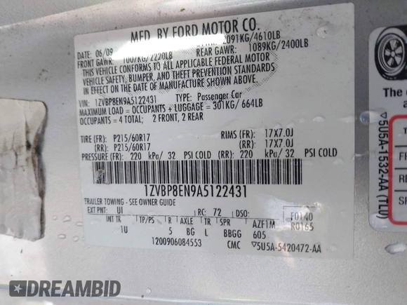 2010 Ford Mustang V6 with VIN 1ZVBP8EN9A5122431, listed as a IAAI auction lot 41802456 with 150,524 mi miles and . Bid and sale history available at carsss.com. Image 9.