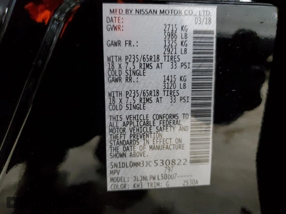 2018 Infiniti QX60 with VIN 5N1DL0MM3JC530822, listed as a Copart auction lot 51136095 with 119,758 mi miles and Salvage Title. Bid and sale history available at carsss.com. Image 14.