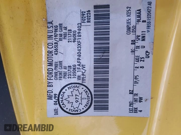 1999 Ford Mustang with VIN 1FAFP4043XF189403, listed as a Copart auction lot 47563745 with Not provided miles and Clean title. Bid and sale history available at DreamBid. Image 13.