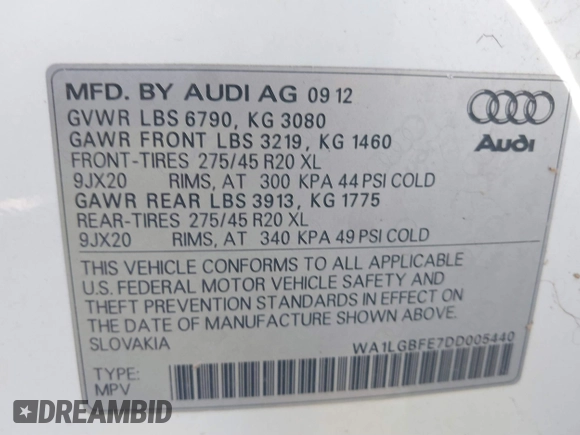 2013 Audi Q7 3.0T Premium Plus with VIN WA1LGBFE7DD005440, listed as a IAAI auction lot 41483398 with 92,668 mi miles. Bid and sale history available at carsss.com. Image 9.