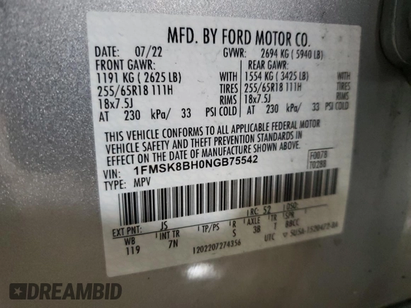 2022 Ford Explorer with VIN 1FMSK8BH0NGB75542, listed as a Copart auction lot 56459675 with 109,842 mi miles and Salvage title. Bid and sale history available at DreamBid. Image 14.