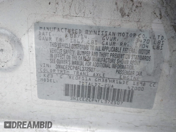 2015 Nissan Note SV with VIN 3N1CE2CP4FL372507, listed as a IAAI auction lot 42036475 with 85,998 mi miles and . Bid and sale history available at DreamBid. Image 9.