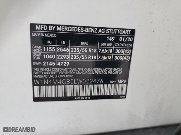 2020 Mercedes-Benz GLB with VIN W1N4M4GB5LW022476, listed as a Copart auction lot 78175784 with 64,362 mi miles and Salvage Title. Bid and sale history available at carsss.com. Image 16.
