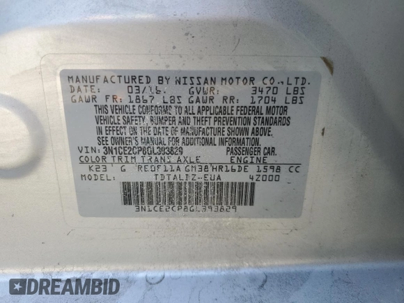 2016 Nissan Note S with VIN 3N1CE2CP8GL393829, listed as a Copart auction lot 49459915 with 98,336 mi miles and Salvage title. Bid and sale history available at DreamBid. Image 13.