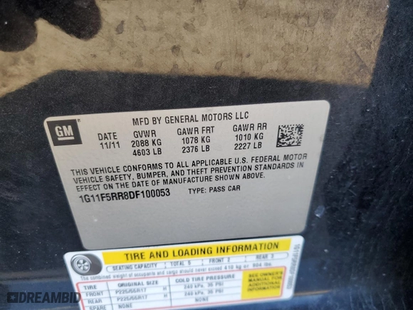2013 Chevrolet Malibu ECO with VIN 1G11F5RR8DF100053, listed as a Copart auction lot 50495585 with 183,710 mi miles and Salvage Title. Bid and sale history available at carsss.com. Image 12.
