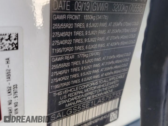 2020 Land Rover Range Rover z VIN SALGS5SE1LA579733, wystawiony jako Copart lot #80755964 z przebiegiem 54 848 mil mil oraz Szkoda całkowita • Salvage title. Historia ofert i sprzedaży dostępna na DreamBid. Obrazek 13.