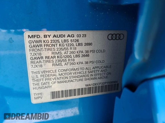 2023 Audi Q3 S line Premium with VIN WA1DECF32P1108964, listed as a IAAI auction lot 42889692 with 54,133 mi miles and . Bid and sale history available at DreamBid. Image 9.