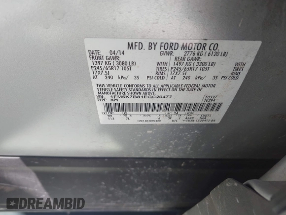 2014 Ford Explorer with VIN 1FM5K7B81EGC20477, listed as a IAAI auction lot 42025989 with 185,291 mi miles and . Bid and sale history available at DreamBid. Image 9.