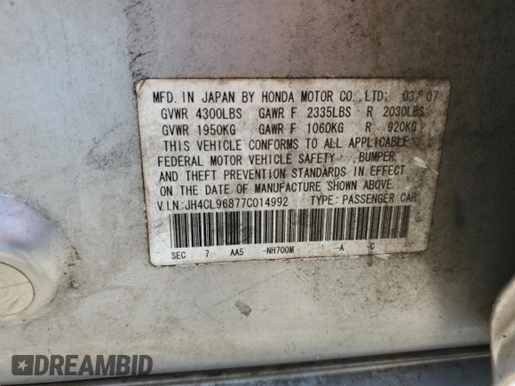 2007 Acura TSX with VIN JH4CL96877C014992, listed as a Copart auction lot 60492305 with 146,972 mi miles and Salvage title. Bid and sale history available at DreamBid. Image 12.