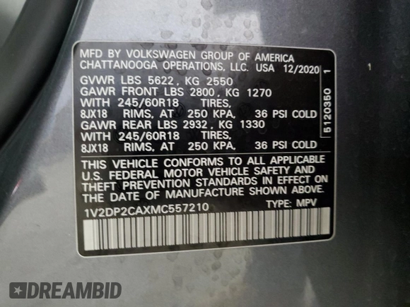 2021 Volkswagen Atlas SE with VIN 1V2DP2CAXMC557210, listed as a Copart auction lot 69634074 with 37,796 mi miles and Salvage title. Bid and sale history available at DreamBid. Image 14.