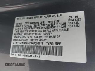 2019 Honda Odyssey EX-L z VIN 5FNRL6H79KB090711, wystawiony jako IAAI lot #41516059 z przebiegiem 126 871 mil mil oraz . Historia ofert i sprzedaży dostępna na DreamBid. Obrazek 9.