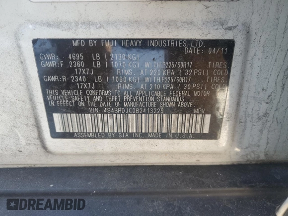 2011 Subaru Outback 3.6R Limited with VIN 4S4BRDJC0B2413229, listed as a Copart auction lot 42353465 with 241,455 mi miles and Salvage Title. Bid and sale history available at carsss.com. Image 13.