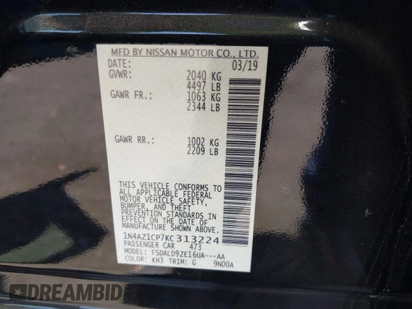 2019 Nissan LEAF SV with VIN 1N4AZ1CP7KC313224, listed as a IAAI auction lot 42289125 with 42,316 mi miles and . Bid and sale history available at DreamBid. Image 9.