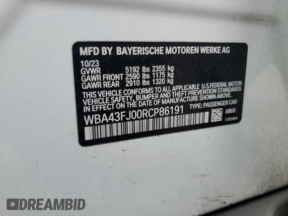 2024 BMW 5 Series 530i with VIN WBA43FJ00RCP86191, listed as a Copart auction lot 45286895 with 31,076 mi miles and Salvage Title. Bid and sale history available at carsss.com. Image 12.