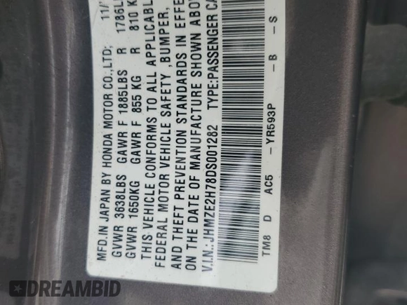 2013 Honda Insight EX with VIN JHMZE2H78DS001282, listed as a Copart auction lot 59076785 with 229,388 mi miles and Clean title. Bid and sale history available at DreamBid. Image 12.