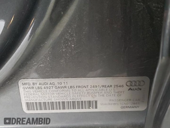 2012 Audi A4 Prestige with VIN WAUKFBFL1CN012845, listed as a Copart auction lot 89243235 with 128,844 mi miles and Salvage Title. Bid and sale history available at carsss.com. Image 12.