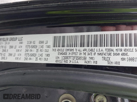 2015 Ram 1500 Express with VIN 1C6RR7FT2FS509180, listed as a IAAI auction lot 42615232 with 254,686 mi miles and . Bid and sale history available at DreamBid. Image 9.