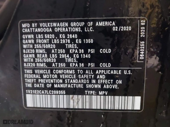 2020 Volkswagen Atlas Cross Sport 3.6L V6 SE w/Technology with VIN 1V21E2CA7LC209355, listed as a IAAI auction lot 41613067 with 36,345 mi miles. Bid and sale history available at carsss.com. Image 9.