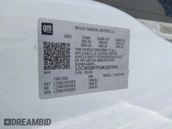 2021 Chevrolet Express Cargo with VIN 1GCWGBFP1M1267945, listed as a IAAI auction lot 38745449 with Not provided miles and . Bid and sale history available at DreamBid. Image 9.