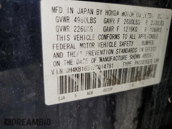 2005 Acura RL z VIN JH4KB16515C014781, wystawiony jako Copart lot #60787895 z przebiegiem Nie podano mil oraz Szkoda całkowita • Salvage title. Historia ofert i sprzedaży dostępna na DreamBid. Obrazek 12.