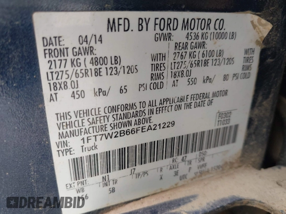 2015 Ford F-250 Lariat with VIN 1FT7W2B66FEA21229, listed as a IAAI auction lot 42390007 with Not provided miles and . Bid and sale history available at DreamBid. Image 9.