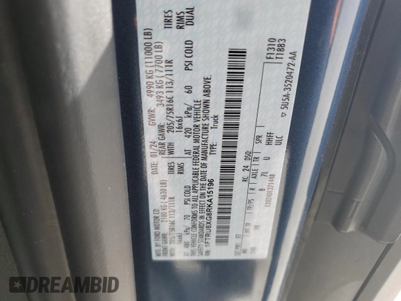 2024 Ford Transit Cargo with VIN 1FTRU8XG8RKA15196, listed as a Copart auction lot 84198984 with 12,267 mi miles and Salvage Title. Bid and sale history available at DreamBid. Image 14.