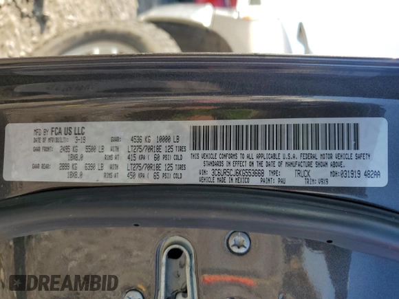 2019 Ram 2500 Tradesman with VIN 3C6UR5CJ6KG553668, listed as a Copart auction lot 71576394 with 59,983 mi miles and Salvage title. Bid and sale history available at DreamBid. Image 12.