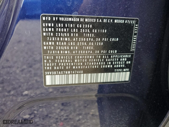 2022 Volkswagen Tiguan SE with VIN 3VV3B7AX7NM147448, listed as a Copart auction lot 47245895 with 32,488 mi miles and Salvage Title. Bid and sale history available at carsss.com. Image 13.