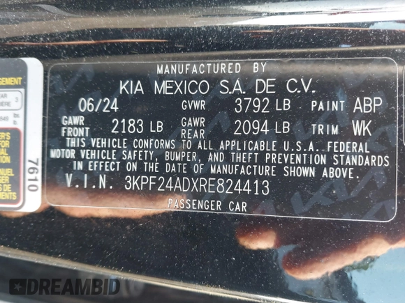 2024 Kia Forte LXS with VIN 3KPF24ADXRE824413, listed as a IAAI auction lot 41514406 with 7,069 mi miles. Bid and sale history available at carsss.com. Image 9.