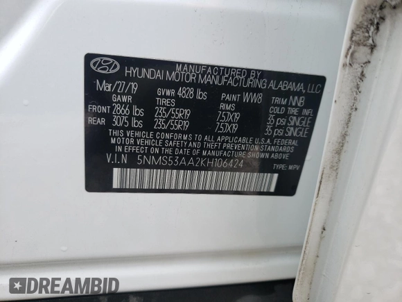 2019 Hyundai Santa Fe Limited with VIN 5NMS53AA2KH106424, listed as a Copart auction lot 72444332 with 28,530 mi miles. Bid and sale history available at carsss.com. Image 13.