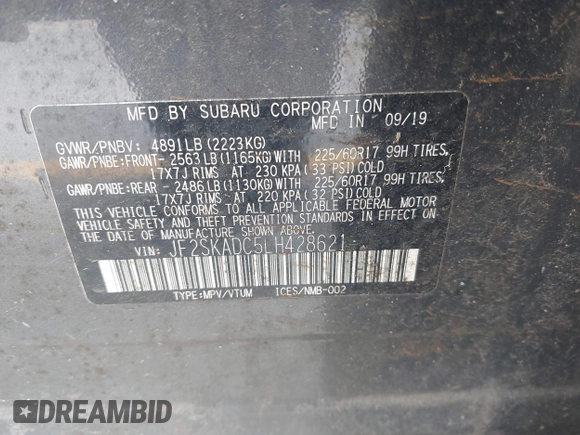 2020 Subaru Forester with VIN JF2SKADC5LH428621, listed as a IAAI auction lot 42303067 with 58,223 mi miles and . Bid and sale history available at DreamBid. Image 9.