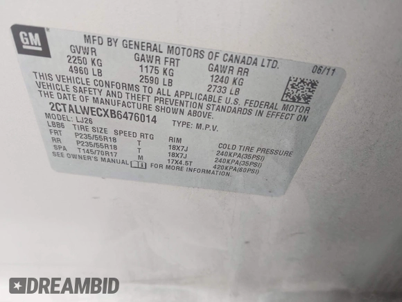 2011 GMC Terrain SLT-2 with VIN 2CTALWECXB6476014, listed as a IAAI auction lot 41619296 with 218,022 mi miles and . Bid and sale history available at carsss.com. Image 9.