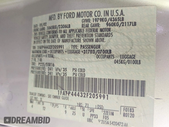 2002 Ford Mustang Deluxe with VIN 1FAFP44432F205991, listed as a IAAI auction lot 42144709 with 138,119 mi miles and . Bid and sale history available at DreamBid. Image 9.