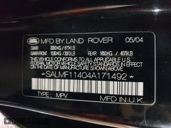 2004 Land Rover Range Rover with VIN SALMF11404A171492, listed as a Copart auction lot 54059945 with Not Provided miles and Salvage Title. Bid and sale history available at DreamBid. Image 13.