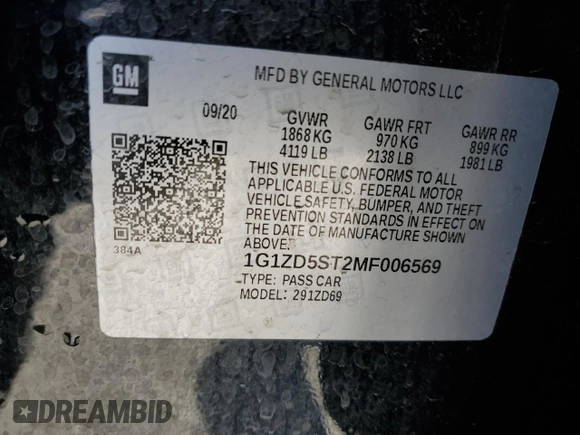 2021 Chevrolet Malibu LT with VIN 1G1ZD5ST2MF006569, listed as a Copart auction lot 49697045 with 83,695 mi miles and Salvage Title. Bid and sale history available at DreamBid. Image 12.
