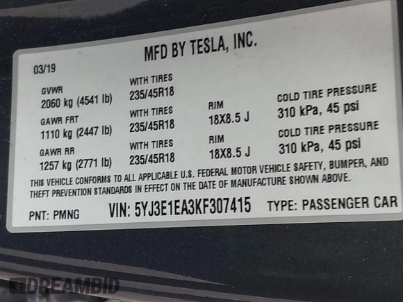 2019 Tesla Model 3 Mid Range with VIN 5YJ3E1EA3KF307415, listed as a IAAI auction lot 41673239 with 42,895 mi miles and . Bid and sale history available at DreamBid. Image 9.