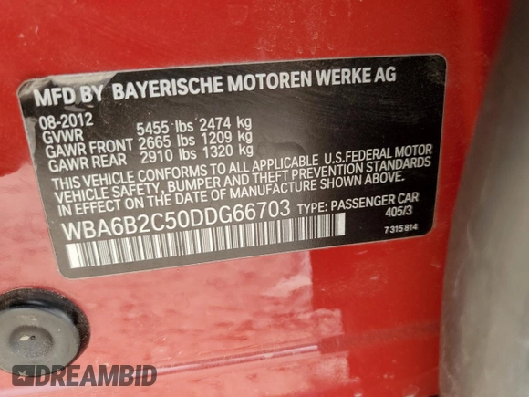 2013 BMW 6 Series 650i with VIN WBA6B2C50DDG66703, listed as a Copart auction lot 82225824 with 199,076 mi miles and Salvage Title. Bid and sale history available at DreamBid. Image 12.