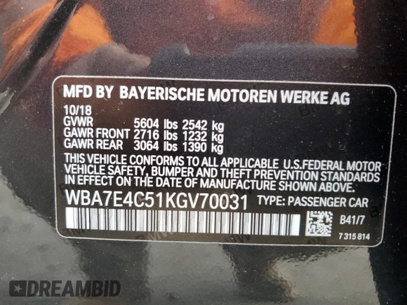 2019 BMW 7 Series 740i xDrive with VIN WBA7E4C51KGV70031, listed as a Copart auction lot 38008974 with 33,555 mi miles and . Bid and sale history available at DreamBid. Image 12.