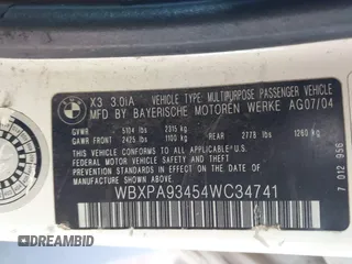 2004 BMW X3 3.0i with VIN WBXPA93454WC34741, listed as a IAAI auction lot 41728485 with 268,922 mi miles. Bid and sale history available at carsss.com. Image 9.