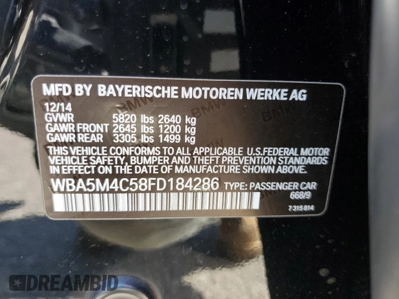 2015 BMW 5 Series 535i Gran Turismo xDrive with VIN WBA5M4C58FD184286, listed as a Copart auction lot 54272505 with 123,618 mi miles and Salvage Title. Bid and sale history available at carsss.com. Image 12.
